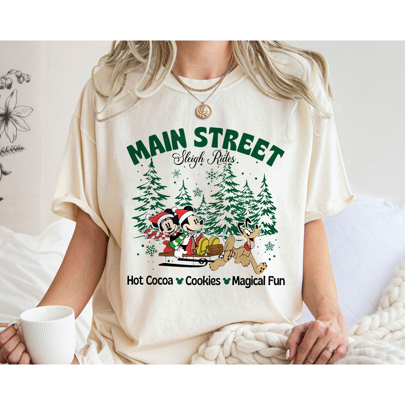 Main Street Sleigh Rides Mickey Minnie Pluto Hot Cocoa Cookies Magical Fun Christmas Tree Shirt Walt Disney World Shirt Gift Ideas Men Women.jpg