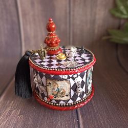 Red Alice jewelry box, White rabbit, Ring holder, Alice in Wonderland, Alice Cards, Round jewelry box, Free shipping