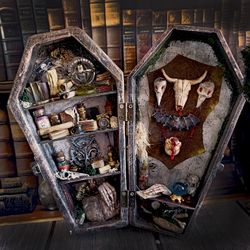 Miniature coffin, Diorama,Creepy decor, Horror, Dark Art, Halloween, Gothic Room box, Potion Closet, BookShelf Box, 1:12