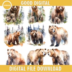 grizzly bear watercolor clipart, grizzly bear cute clip art, card making clipart, bear clipart ,watercolor illustration,