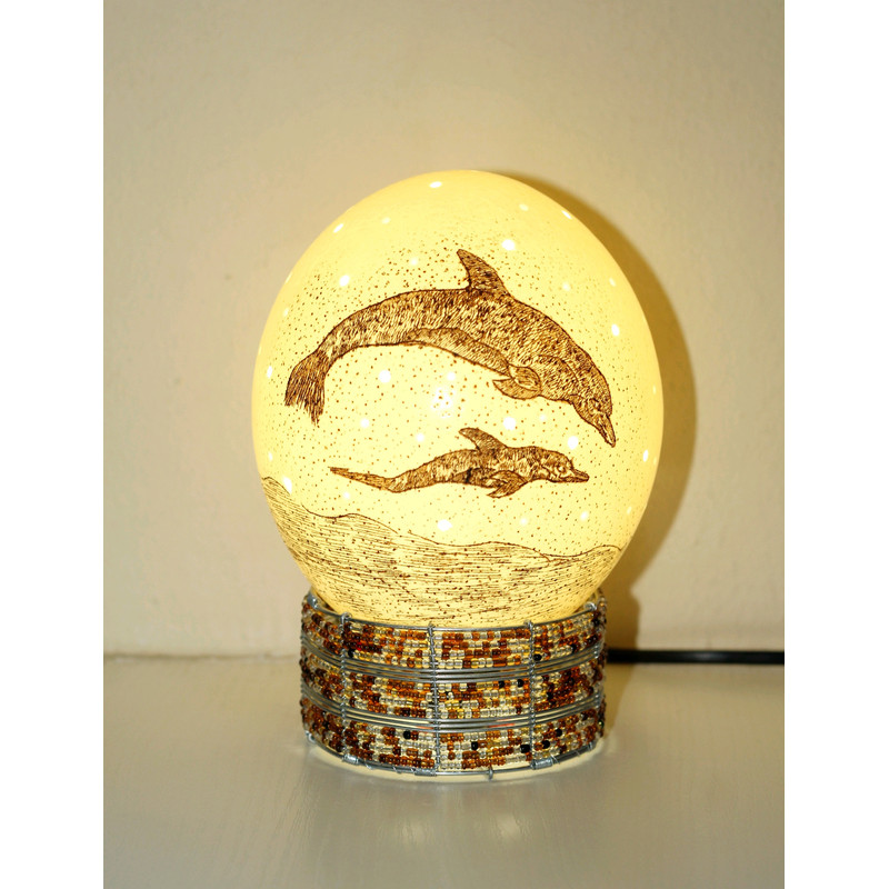Scrimshaw Carved Dolphin And Calf On An Authentic Ostrich Egg Lampshade With Holes African Art Lamp 2