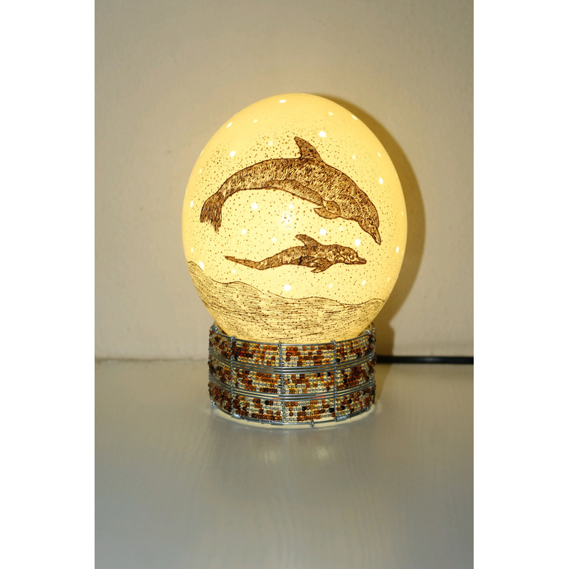 Scrimshaw Carved Dolphin And Calf On An Authentic Ostrich Egg Lampshade With Holes African Art Lamp 3