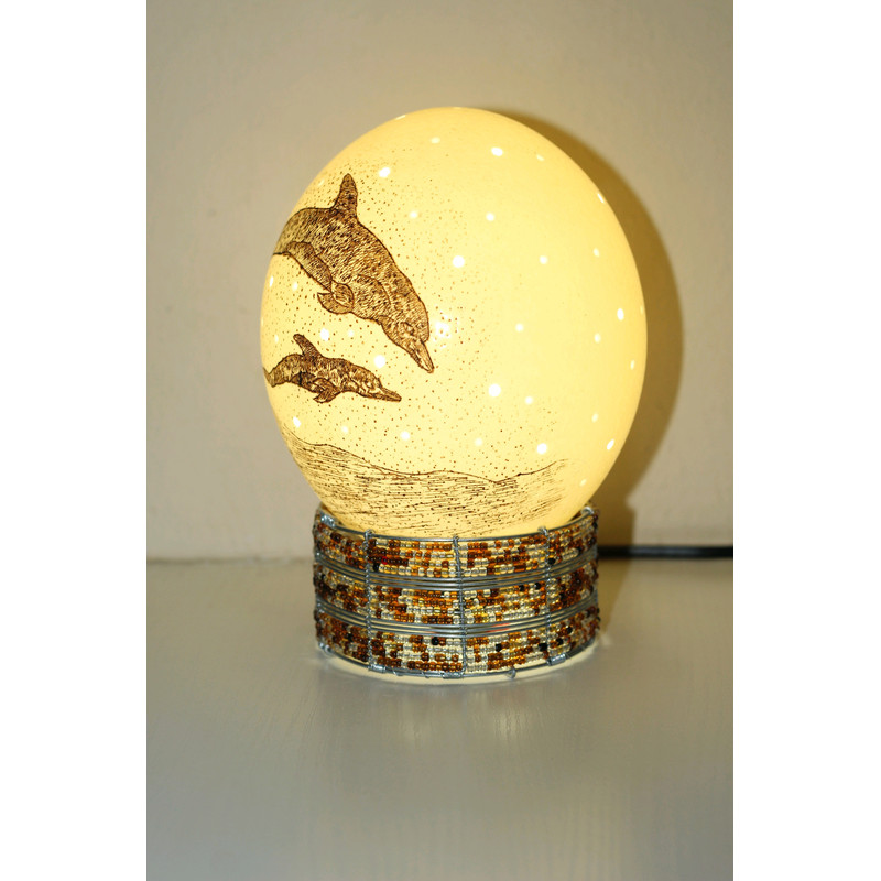 Scrimshaw Carved Dolphin And Calf On An Authentic Ostrich Egg Lampshade With Holes African Art Lamp 4