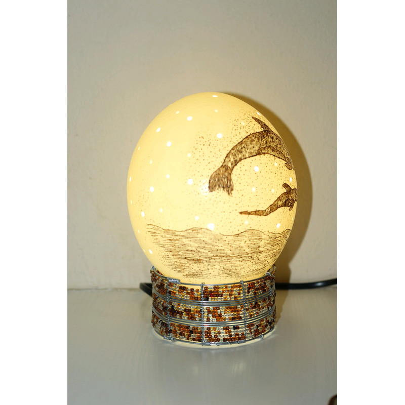 Scrimshaw Carved Dolphin And Calf On An Authentic Ostrich Egg Lampshade With Holes African Art Lamp 5