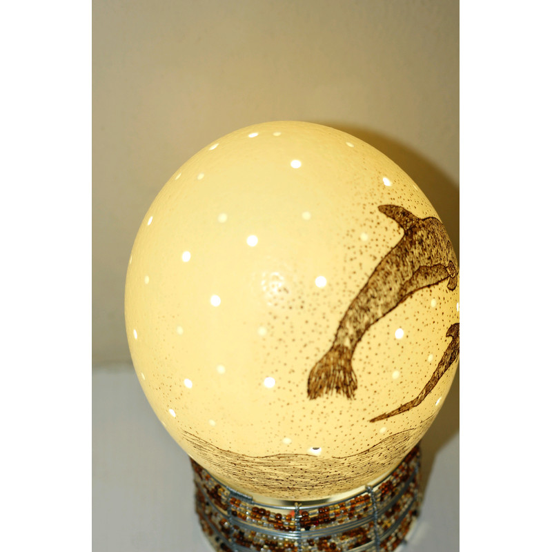 Scrimshaw Carved Dolphin And Calf On An Authentic Ostrich Egg Lampshade With Holes African Art Lamp 8