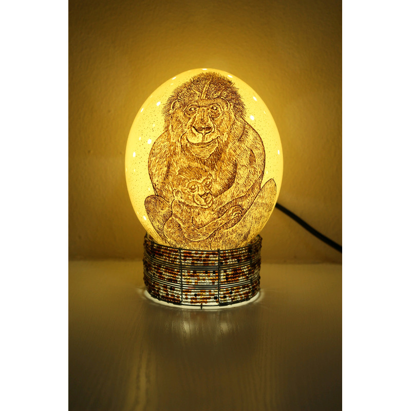 Scrimshaw Carved Gorilla Mother Child Authentic Ostrich Egg Lampshade With Holes African Art Lamp 0