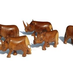5 carved mubanga wood rhino figurines. mini decor sculptures for those who love wildlife. member of the african big five