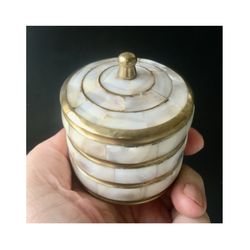 Round Brass Jewelry Box with Mother of Pearl Inlay and Lid with Handle | Home Altar, Prayer Corner