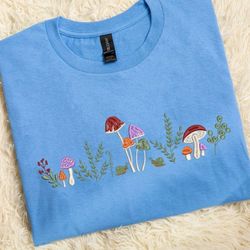 Embroidered Mushroom Tshirt, Crew Neck Sweatshirt Embroiderd, Hoodie Embroidered Mushroom and Flowers, Gift for her