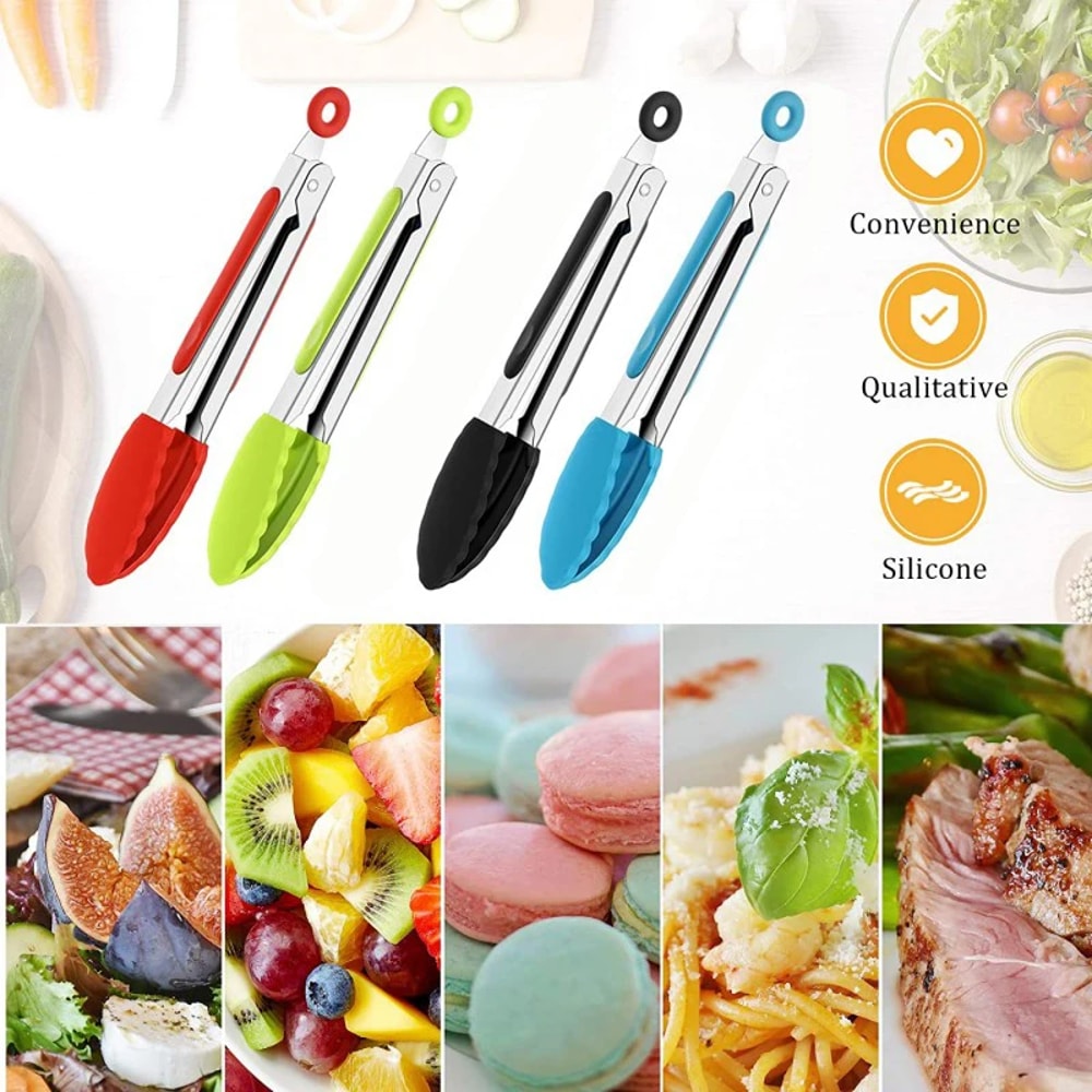 Premium Stainless Steel Food Tongs With Silicone Nylon Non Slip BBQ Cooking Clip Clamp Ideal For 3