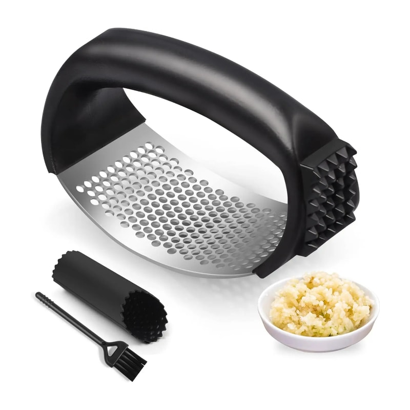 Stainless Steel Garlic Press Rocker Easy Squeeze Mincer With Peeler Cleaning Brush 0