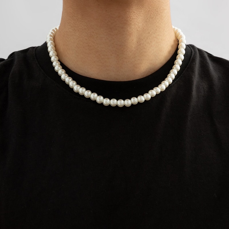 Trendy White Imitation Pearl Beaded Choker Necklace For Men 0