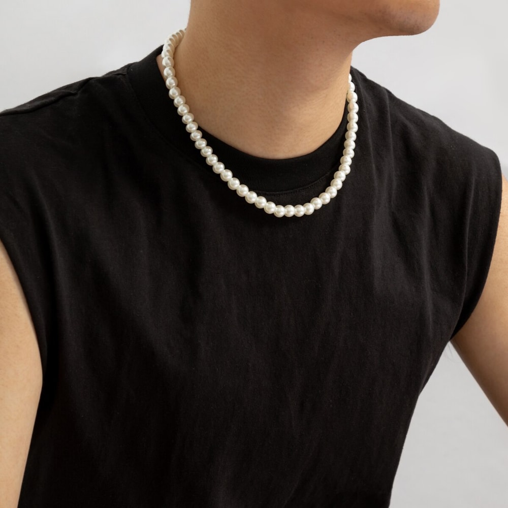 Trendy White Imitation Pearl Beaded Choker Necklace For Men 2