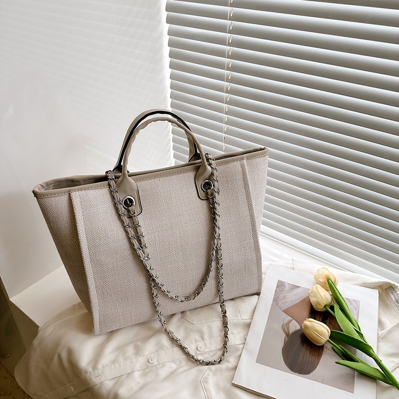 Fashionable Canvas Tote Bag With Chain And Zipper Large Capacity Womens Shoulder Bag For Commuter S 4