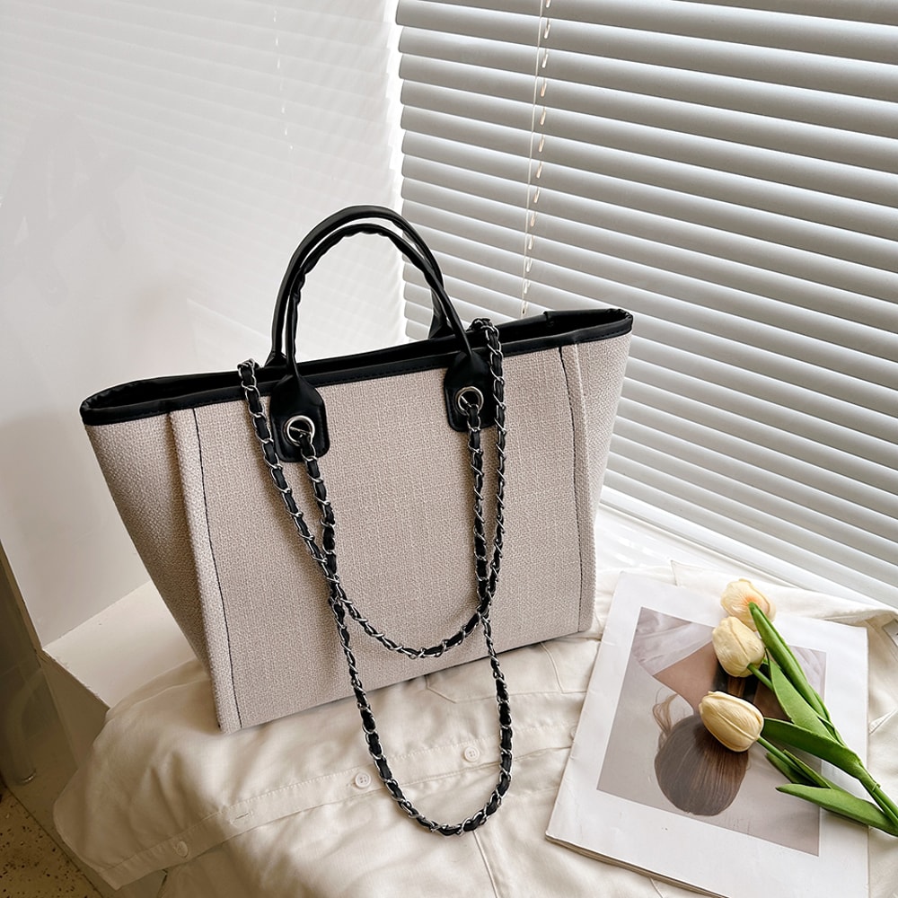 Fashionable Canvas Tote Bag With Chain And Zipper Large Capacity Womens Shoulder Bag For Commuter S 6