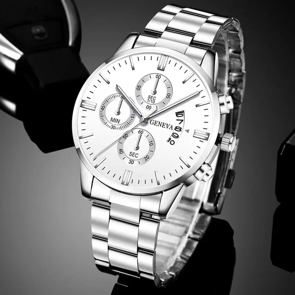Mens Stainless Steel Quartz Watch Sleek Silver Design Ideal for Business & Sports