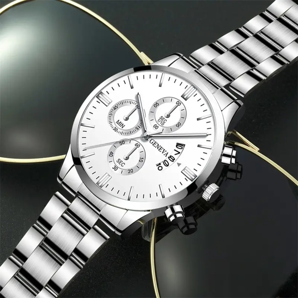Mens Stainless Steel Quartz Watch Sleek Silver Design Ideal for Business & Sports