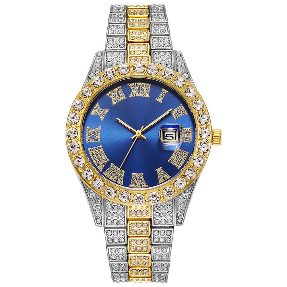 Luxury Hip Hop Stainless Steel Gold Calendar Watch For Men Iced Out Paved Rhinestones 2