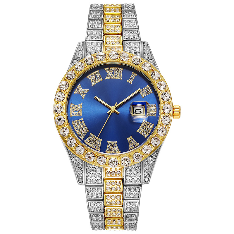 Luxury Hip Hop Stainless Steel Gold Calendar Watch For Men Iced Out Paved Rhinestones 2