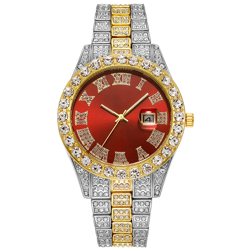 Luxury Hip Hop Stainless Steel Gold Calendar Watch For Men Iced Out Paved Rhinestones 4