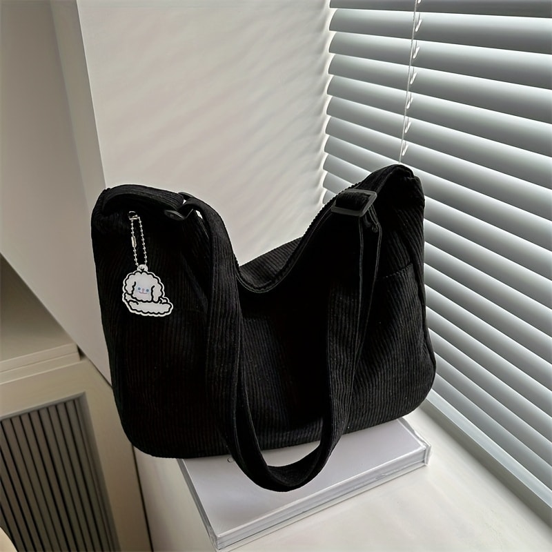 Womens Corduroy Tote Bag With Cute Hat Patch Large Capacity Zipper Closure Stylish Striped Design F 6