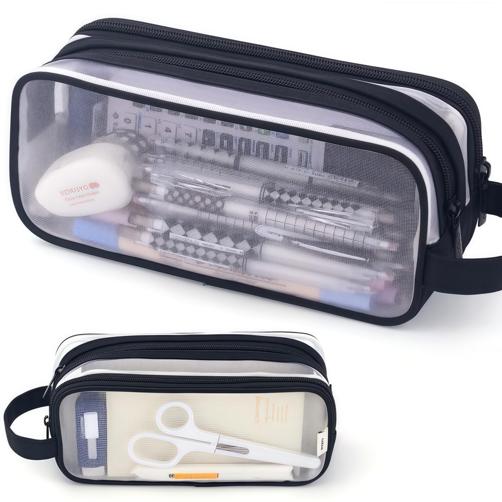 Large Mesh Pencil Case Double Layer Transparent Pencil Pouch Handheld Multifunctional Cosmetic Bag 2