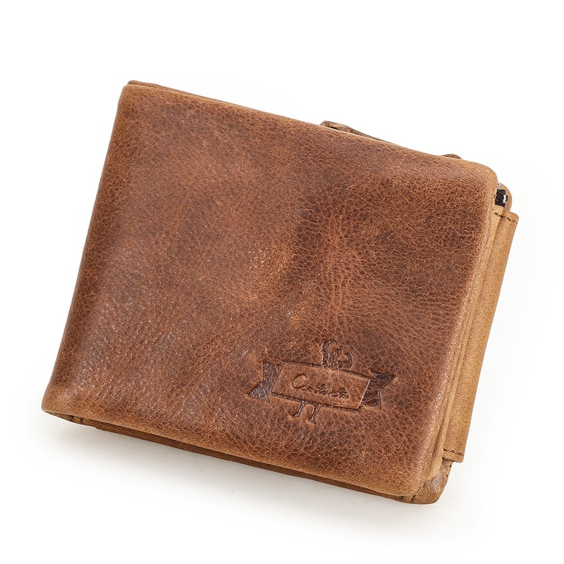 Genuine Leather Trifold Wallet For Men Vintage Crazy Horse Leather Wallet With Zip Coin Pocket 0