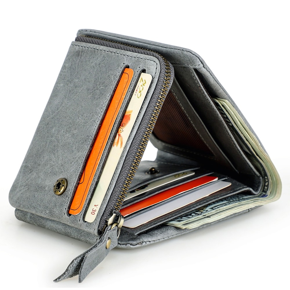 Genuine Leather Trifold Wallet For Men Vintage Crazy Horse Leather Wallet With Zip Coin Pocket 3