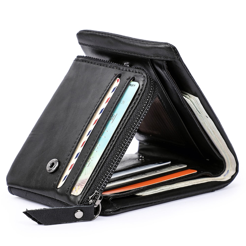 Genuine Leather Trifold Wallet For Men Vintage Crazy Horse Leather Wallet With Zip Coin Pocket 4