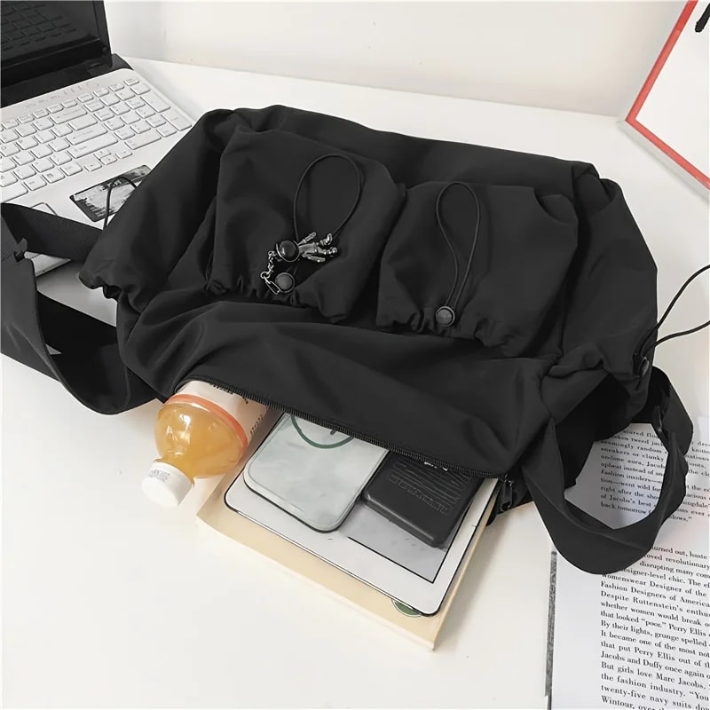 Fashionable Crossbody Bag With Drawstring Accent Spacious Zippered Closure Stylish Bag Charm 5