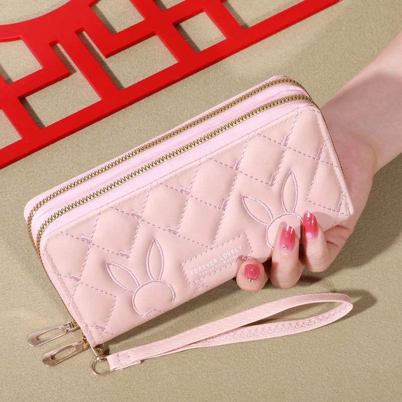 Trendy Solid Color Long Wallet Double Zipper Clutch Coin Purse Womens Faux Leather Card Holder With 3