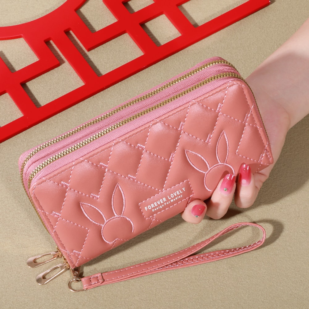 Trendy Solid Color Long Wallet Double Zipper Clutch Coin Purse Womens Faux Leather Card Holder With 5