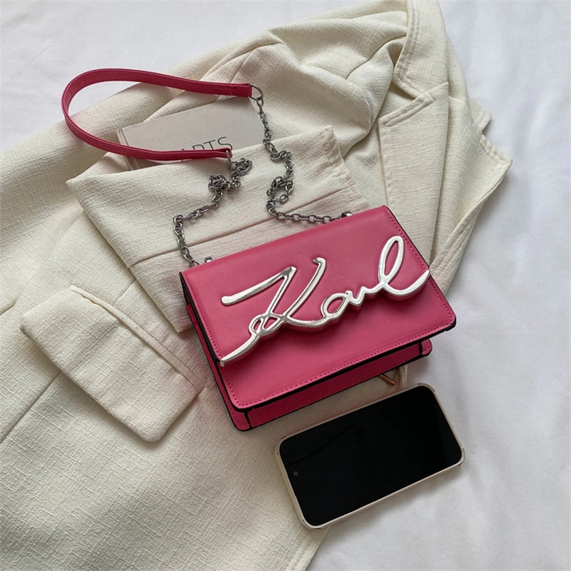 Fashionable Crossbody Bag With Solid Color Metal Letter Logo And ChainLink Strap Magnetic Button Cl 2