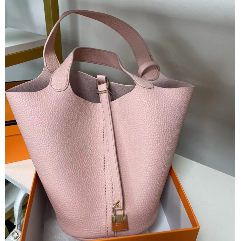 Stylish Handbag Unique Bucket Shopping Tote With Lock Soft PU Litchi Pattern Basket Women Bag With 1