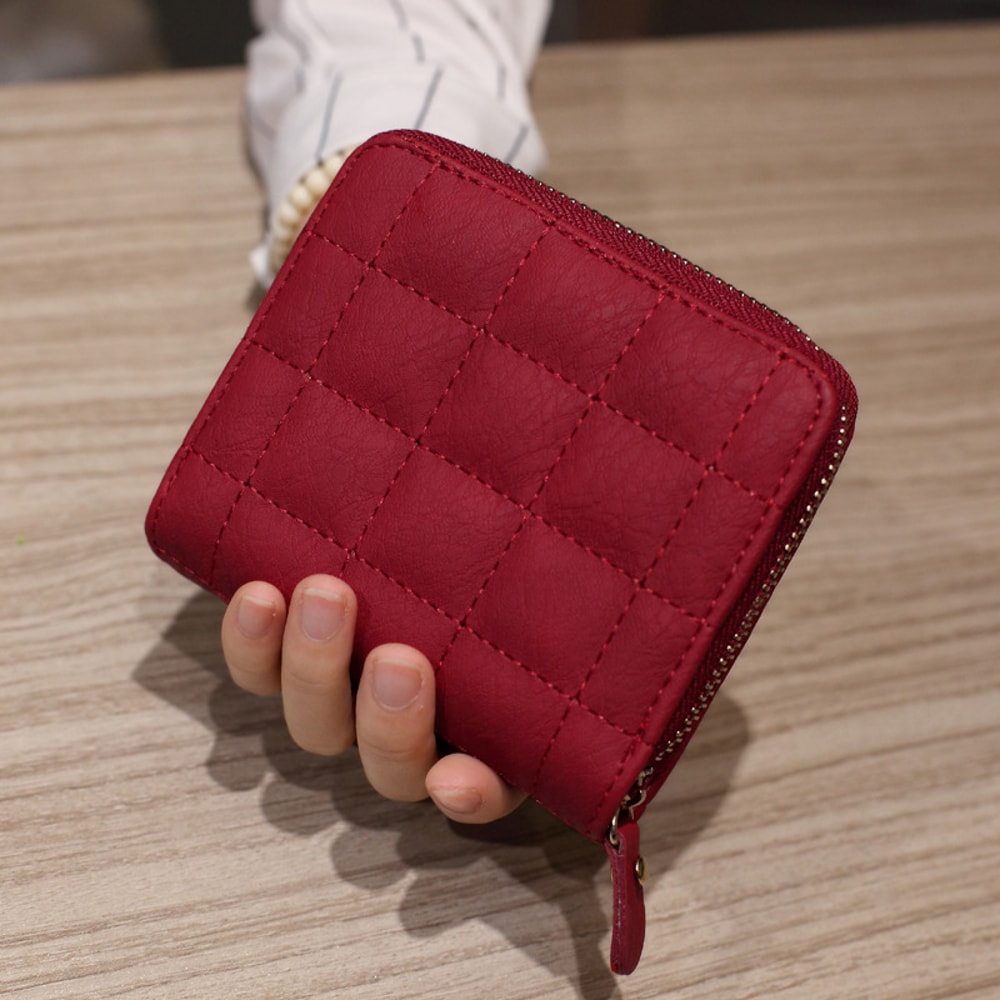 Womens Short PU Leather Wallet Plaid Nubuck Zipper Card Holder With Coin Purse For Ladies 6