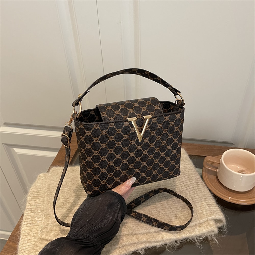 Vintage Mini PU Leather Tote Bag With Geometric Pattern Hardware Lock Womens Shoulder Crossbody Pu 1