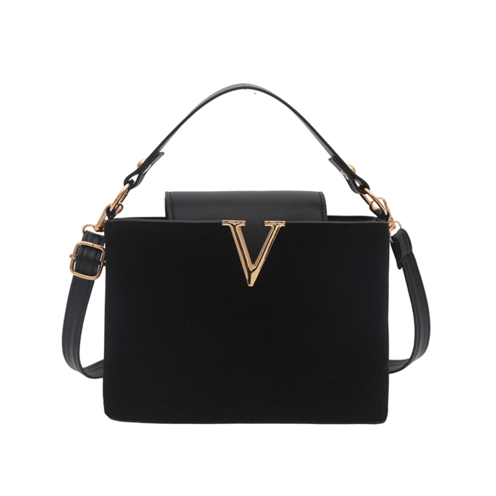 Chic Suede Handbag with V Emblem Elegant and Versatile Top Handle Bag
