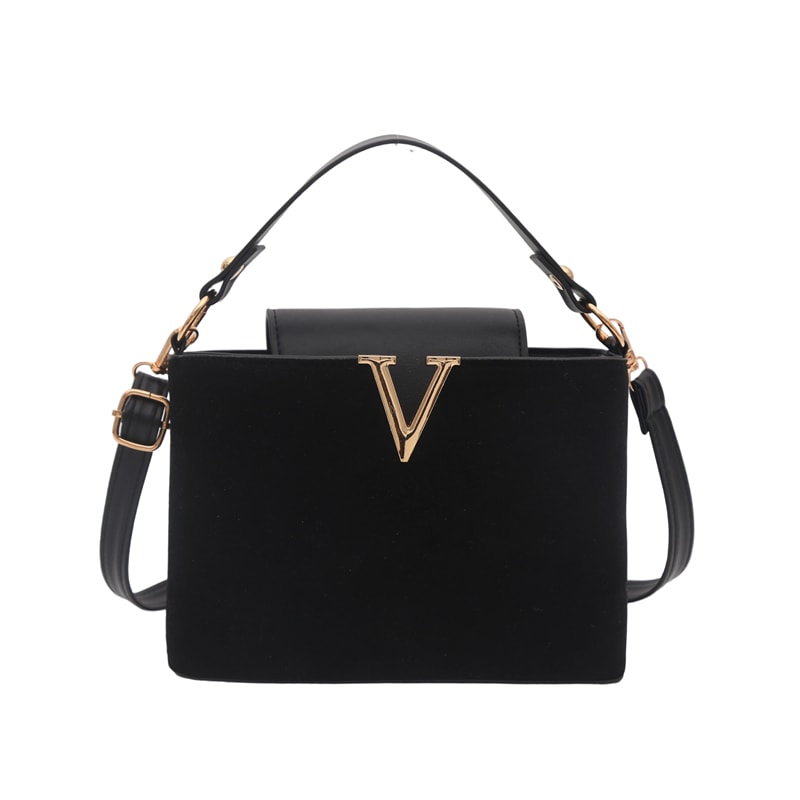 Chic Suede Handbag with V Emblem Elegant and Versatile Top Handle Bag