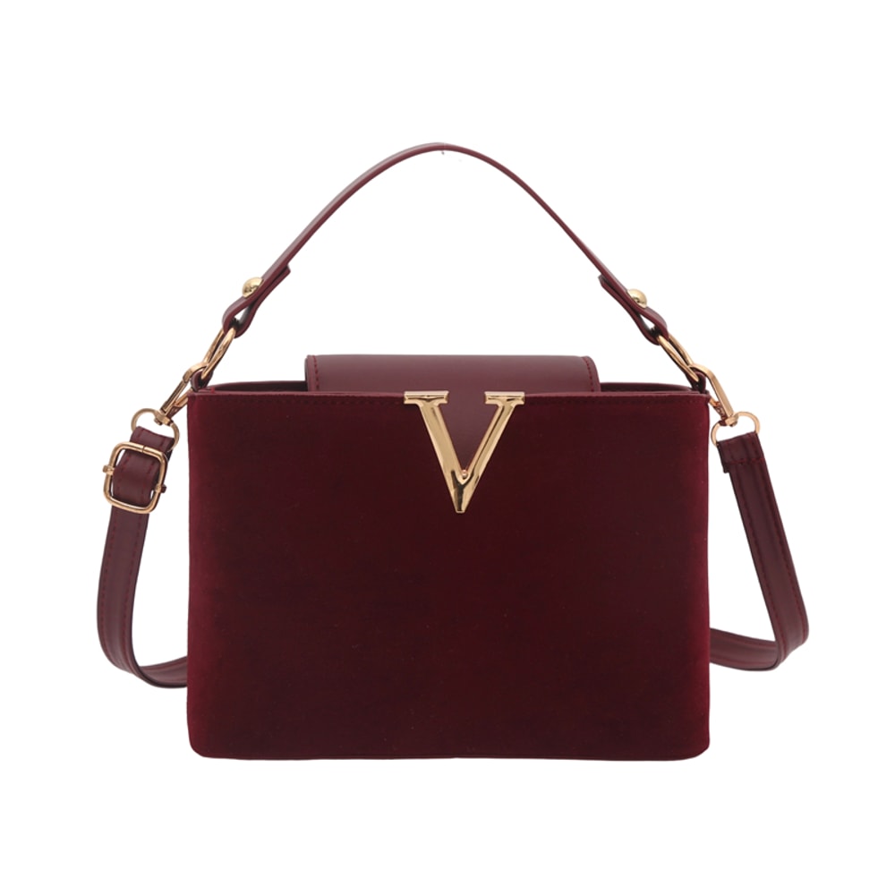 Chic Suede Handbag with V Emblem Elegant and Versatile Top Handle Bag
