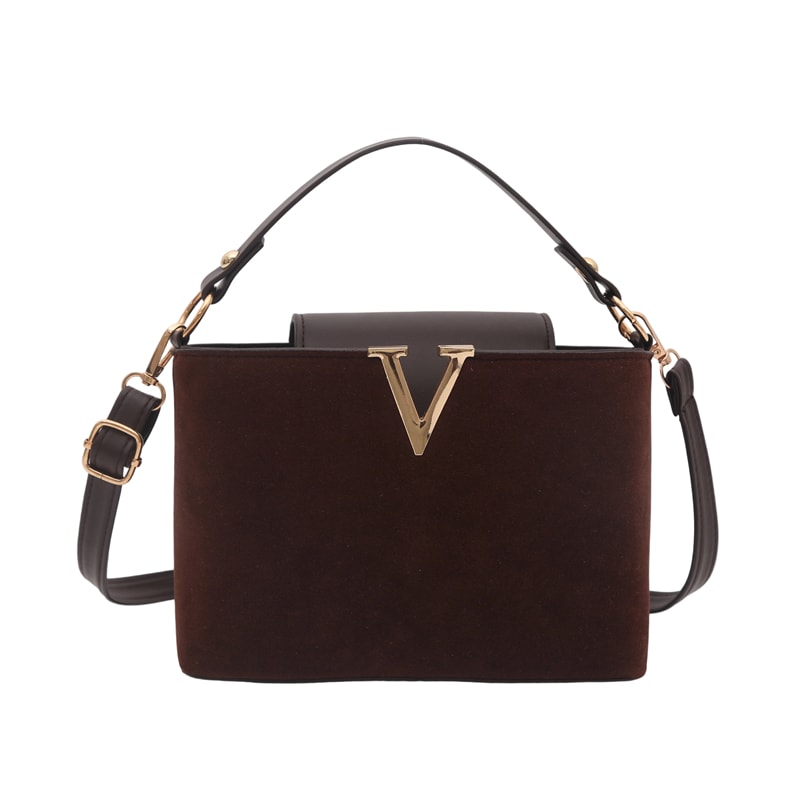 Chic Suede Handbag with V Emblem Elegant and Versatile Top Handle Bag