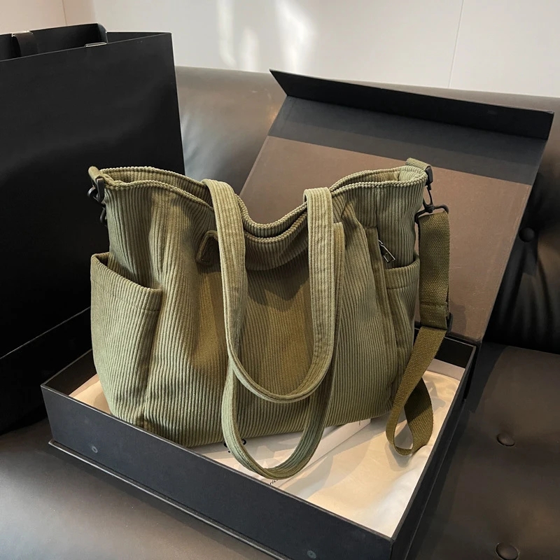 Womens Corduroy Tote Bag With Multi Pockets Adjustable Strap Zipper Shoulder Bag Casual Crossbody F 6