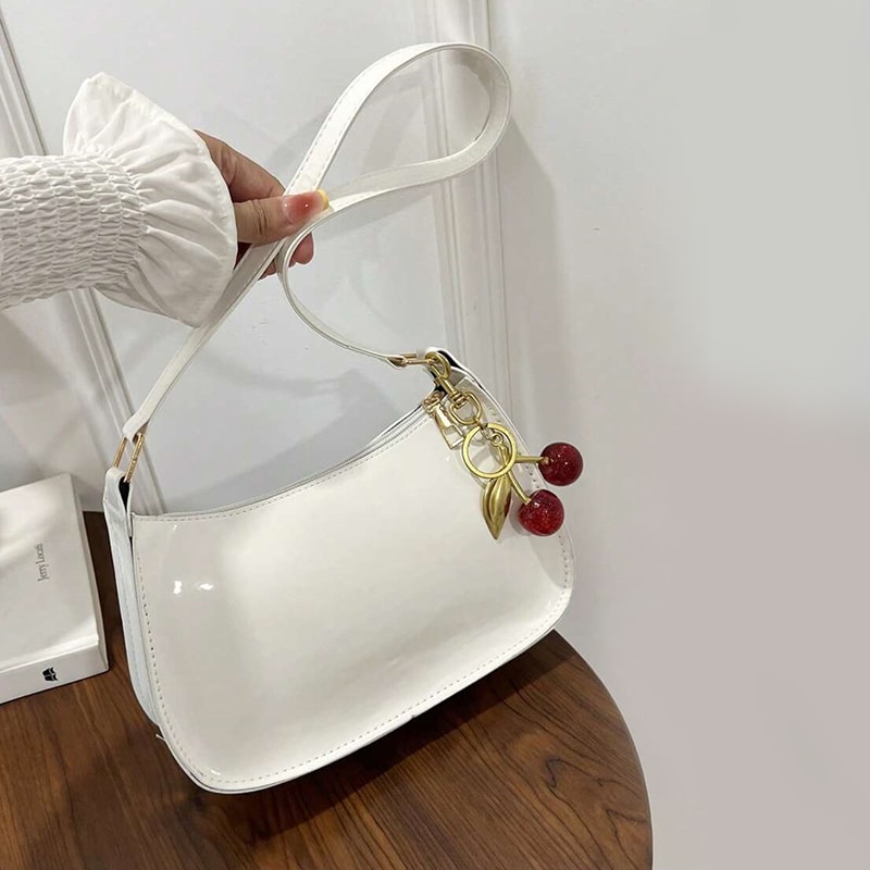 Womens Leather Handbag With Cherry Pendant Versatile Fashion Solid Color Shoulder Bag For Casual Co 0
