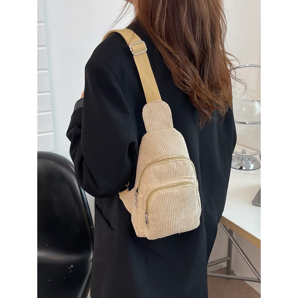Corduroy Crossbody Chest Bag for Women Lightweight & Soft Korean Style Casual Small Waist Bag Versatile Pure Color
