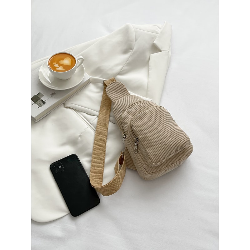 Corduroy Crossbody Chest Bag for Women Lightweight & Soft Korean Style Casual Small Waist Bag Versatile Pure Color