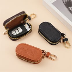 portable keychain key holder wallet solid color lychee leather car key case & housekeeper organizer