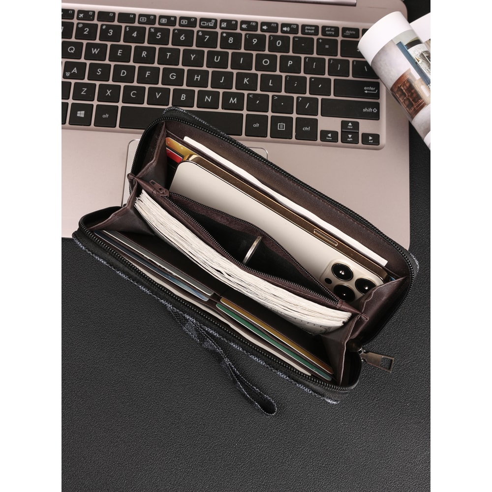 Stylish Minimalist Mens Wallet Double Zipper Clutch With Card Slots Wristlet 1