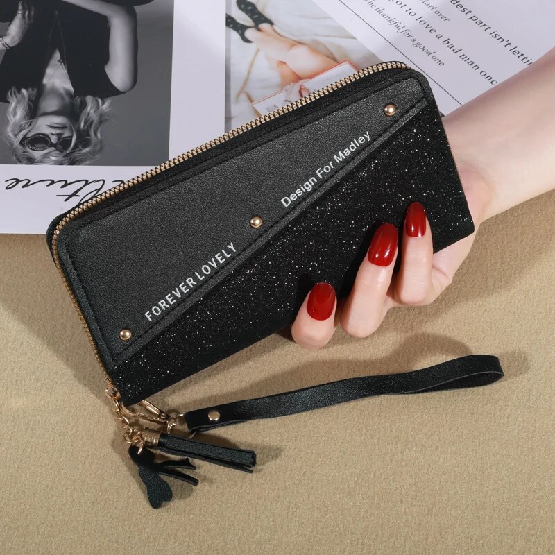 New Long Womens Zipper Wallet Stylish Korean Splicing Color Contrast Tassel Rivet Detail 4