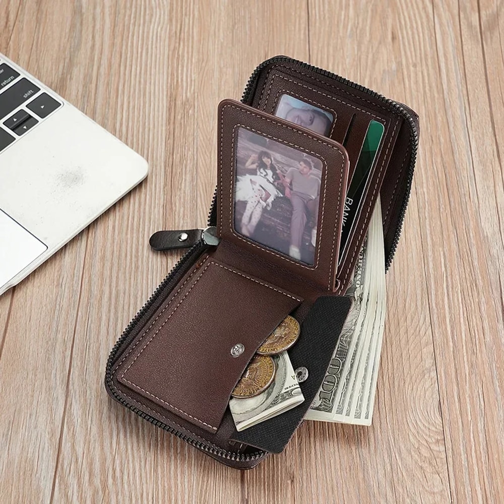 Luxury Leather Mens Wallet Zipper Card Holder with Coin Pocket & Money Bag, Perfect Gift for Men
