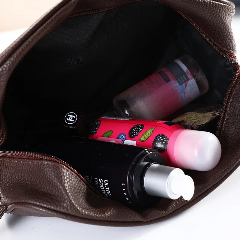 Mens PU Leather Cosmetic Organizer Bag Fashionable Zippered Travel Toiletry Handbag For Makeup Acc 2