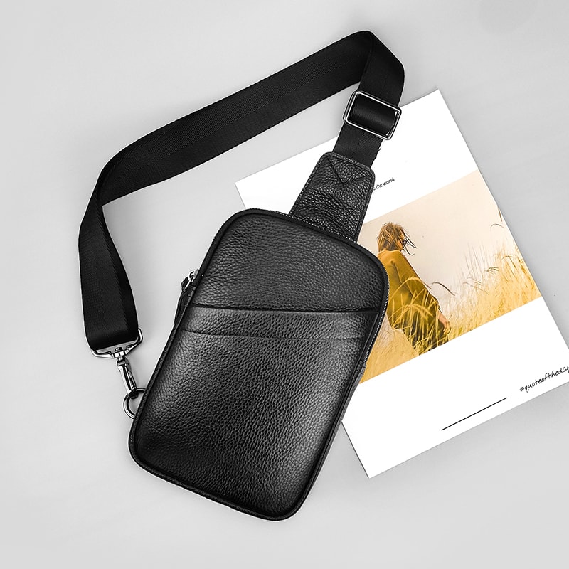 Small Black Genuine Leather Sling Bag For Men Women Crossbody Shoulder Chest Pack For Hiking Travel 1